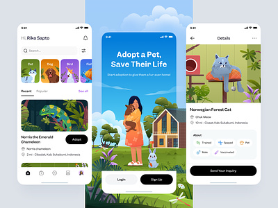 Animal Care Mobile App adopt app application bird cat chameleon clean design dog forest gradient graphic design icon illustration mobile orely pet plant ui design ui ux