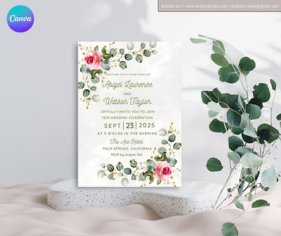 Wedding Invitation Editable Link Canva design editable floral invitation rose template wedding invitation
