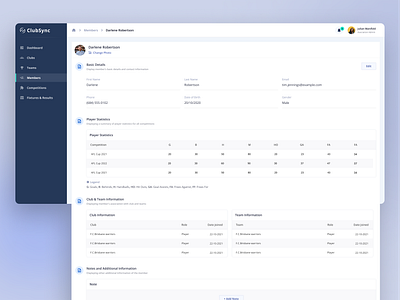 ClubSync - Club Member Details View application clean daily ui design enterprise product design sports ui ux