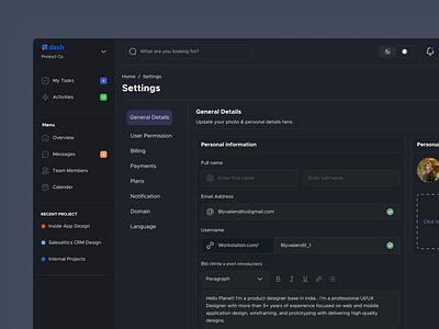 Settings page- Dash's Design System[Dark Mode] branding dashboard drop down mobile popup product setting setting page ui uidesign user inteface user profile userexperience ux web