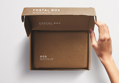 Hand Holding Opened Postal Box Lid Mockup box branding design gift graphic design hand illustration isolated object logo mockup postal