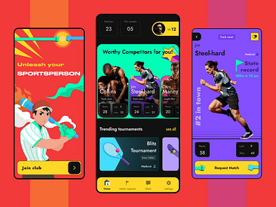 Sports Community Mobile App athlete booking card design colours design design elements details page home page icons illustration mobile nav bar neubrutalism onboarding popular sports app ui