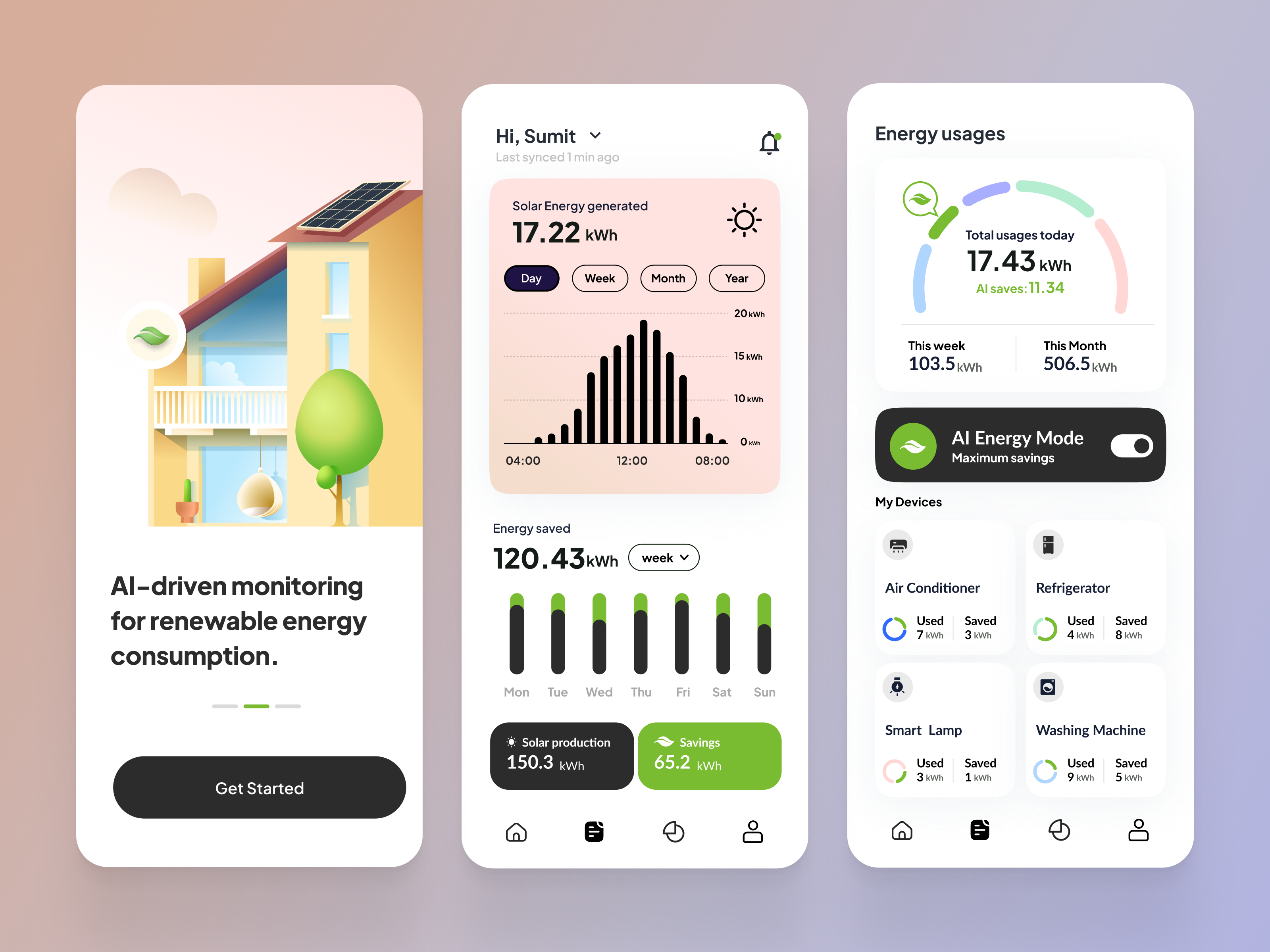AI-powered Solar Energy Saver App ai ai powered chart clean concept energy graphic design green home illustration ios minimal mobile app monitoring renewable energy solar solar panel sustainable energy ui ux
