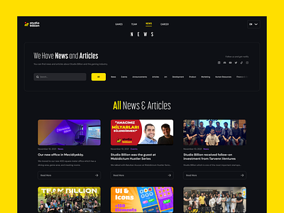 Studio Billion Website - News & Articles article blog branding dark interface mode news ui ux web website