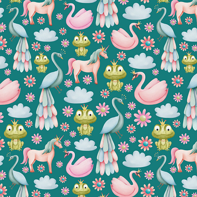 Enchanted Palace garden surface pattern design collection cloud crown enchanted garden fairy frog home decor kids pastel pattern pattern collection peacock surface pattern design swan watercolor