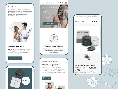 Malibu Mud - Beauty Products Mobile UI Design beauty product website design beauty products e store beauty web ui clean and minimal ui design cometics landing page cosmetic website design figma web design online cosmetic store skincare landing page design