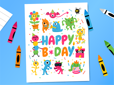 Happy Birthday Poster cake cartoon character children colorful creative creatures cute flat funny happy birthday illustration kids mascot monsters party poster print silly. vector