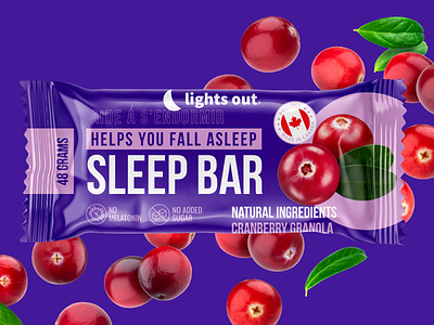 Sleep Bar label bedroom bedtime canada cranberry crescent moon dreams fall asleep granola bar lay on nap night no melatonin pillow purple packaging relax sleepy purples sugar free