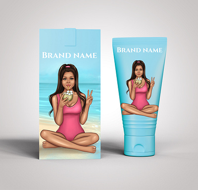 Commercial illustration for a cosmetic product beautiful girl cosmetic product packaging digital illustration fashion illustration girl on the beach with coconut graphic design long hair summertime travel agency