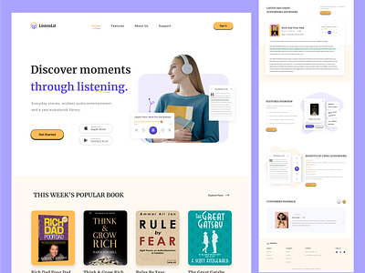 ListenLit - Audio Book Website Landing Page UXUI Design audiobooklibrary audiobooks audioentertainment bookwebsite everydaystories landingpagedesign uxui website design