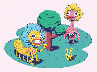 Bok & Sandy sitting in a tree… adobe character creature digitalart drawing drawn grass green illustration moise monster monsterproject muti photoshop pink smile texture tree wave yellow
