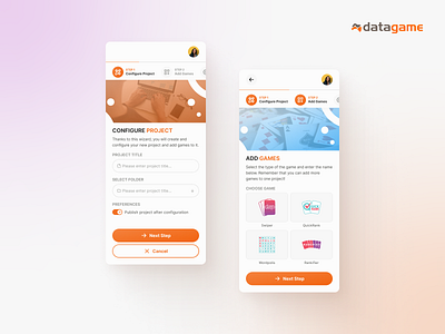 Datagame - Configure Project & Mobile Surveys Games branding fun games graphic design illustration mobile mobile surveys pastel playfull rankifier surveys swiper ui ux wodopolis