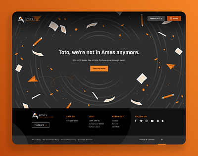 Ames 404 404 ames cyclone debris dorothy education error illustration iowa orange paper airplane pencil school school supplies tornado toto twister web web design wizard of oz