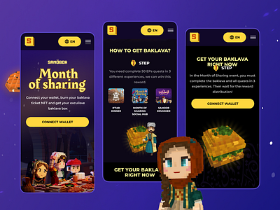 Sandbox - Ramadan Event Landing Page | Mobile blockchain crypto event website game game landing game website gaming mobile landing mobile website nft p2e pixel art pixel character promo landing promo website ramadan sandbox web3 web3 landing