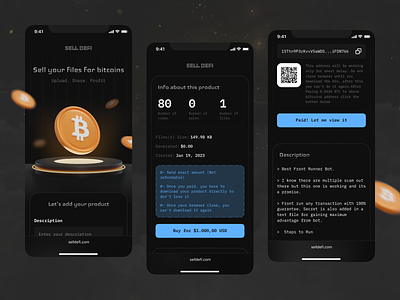 Sell Defi - Sell Your Files For Bitcoins bitcoin blockchain btc crypto crypto app cyber defi eth file storage marketplace mobile design mobile ui mobile website payment qr code sell transaction upload web3