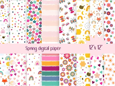 Spring digital papers bee butterfly cartoon character cute digital paper floral flowes fox graphic design heart illustration kids love pattern pink rainbow spring spring flowers spring pattern