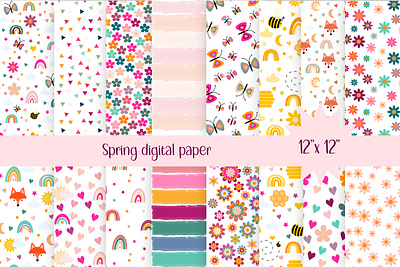 Spring digital papers bee butterfly cartoon character cute digital paper floral flowes fox graphic design heart illustration kids love pattern pink rainbow spring spring flowers spring pattern