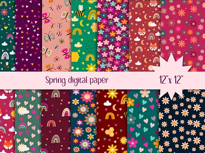 Spring papers bee butterfly cartoon character cute design florest flower flower pattern fox graphic design heart illustration kids love rainbow spring spring digital paper spring pattern summer