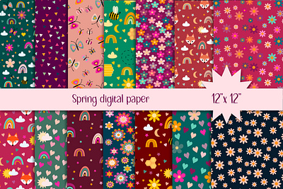 Spring papers bee butterfly cartoon character cute design florest flower flower pattern fox graphic design heart illustration kids love rainbow spring spring digital paper spring pattern summer