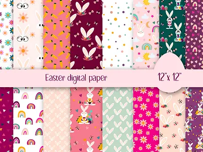 Easter digital papers animal bunny bunny character cartoon character easter easter bunny easter pattern flower forest graphic design hearts illustration love pink rabbit rainbow spring spring pattern summer