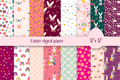Easter digital papers animal bunny bunny character cartoon character easter easter bunny easter pattern flower forest graphic design hearts illustration love pink rabbit rainbow spring spring pattern summer