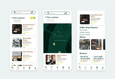 Koffie App Screens coffee app coffee map coffee shop design figma illustration map product design ui