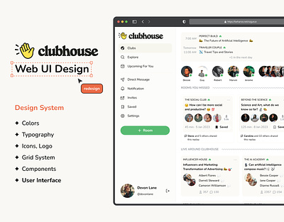 Clubhouse Web UI Design case study chat clubhouse colors components design system icon logo message portfolio project redesign social media twitter twitter space typography ui kit voice voice chat web ui web ui design