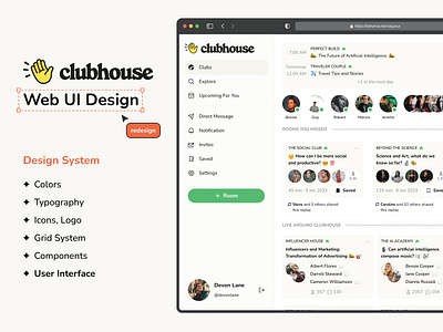 Clubhouse Web UI Design case study chat clubhouse colors components design system icon logo message portfolio project redesign social media twitter twitter space typography ui kit voice voice chat web ui web ui design