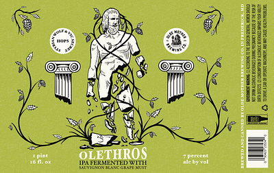 Olde Mother Brewing Olethros Label beer beer label craft beer design drawing grapes greek hand drawn hops illustration ipa line art maryland mythological mythology statue