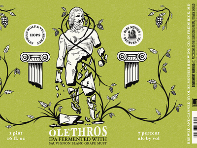 Olde Mother Brewing Olethros Label beer beer label craft beer design drawing grapes greek hand drawn hops illustration ipa line art maryland mythological mythology statue