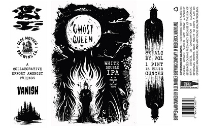 Olde Mother Brewing / Vanish Brewing Ghost Queen Label beer beer label black and white craft beer design drawing ghost hand drawn illustration ipa line art maryland olde mother brewing pen and ink spooky vanish witch