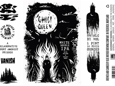 Olde Mother Brewing / Vanish Brewing Ghost Queen Label beer beer label black and white craft beer design drawing ghost hand drawn illustration ipa line art maryland olde mother brewing pen and ink spooky vanish witch