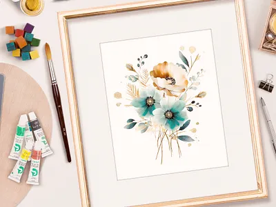 Teal and Gold Watercolor Flowers PNG design illustration