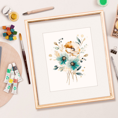 Teal and Gold Watercolor Flowers PNG design illustration