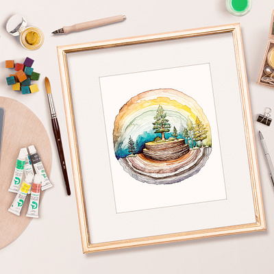 Scenic Watercolor Painting of Tree Rings design illustration watercolor