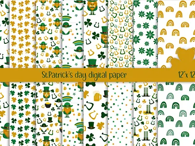 St. Patrick's day digital paper animal cartoon character digital paper elf gnome gnome pattern gold graphic design green gnome illustration ireland irish irish pattern irish rainbow kids shamrock st patrick st patrick pattern stickers