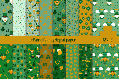 St. Patrick's day digital papers animal beer cartoon character gnome gnome character gold gold rainbow graphic design illustration ireland irish irish character irish gnome lucky charm rainbow shamrock st patrick pattern st patricks day stickers