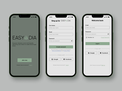 Sign up / Log in screens. Easydia - diabetes control app app create account design log in mobile app sign up sing in ui ux