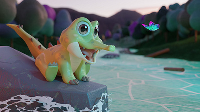 Cute crocodile at river 3d blender butterfly cartoon crocodile cute dramatic environment illustration river sunset