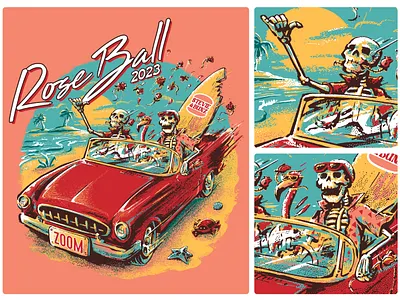 Bros from the Rose apparel beach bones break car cartoon character design convertible driving illustration party screen printing sea skeletons spring summer surf tshirt vintage