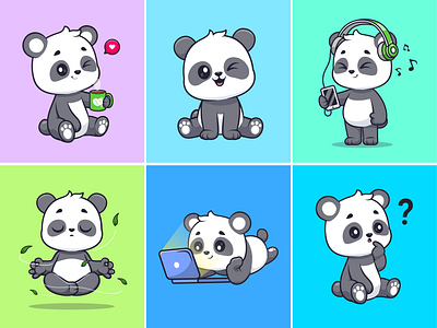 Cute Panda🐼🎧☕ activity animals bamboo china coffee cute expression face headphone icon illustration kids laptop logo meditation music panda pose relax working