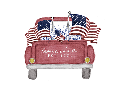 Red Truck with American Flags america american flag calligraphy digital illustration est 1776 farm truck hand lettered patriotic art red truck rustic truck usa