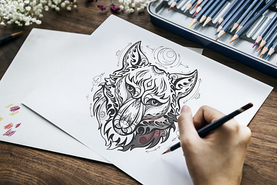 Set of Moon wolves heads with tribal decoration collection graphic design moon