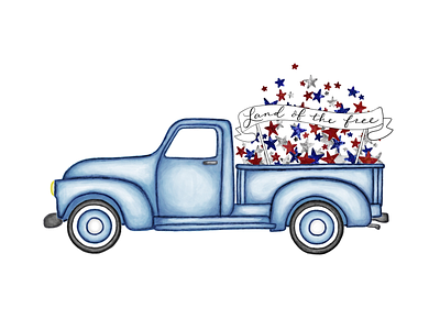 Land of the Free Blue Truck america blue farm truck blue truck digital art digital illustration farm truck fourth of july independence day land of the free patriotic art red white and blue stars t shirt design