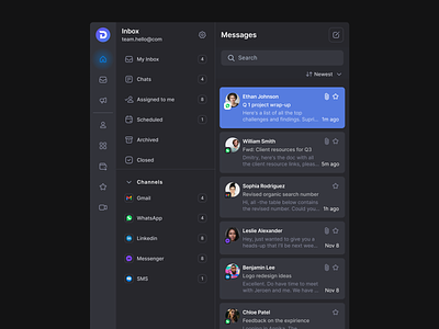 Message App | Navigation drawer chat component contacts dark mode dark theme front gmail gpt list menu message message app messages messenger navidation navigation drawer selected message side bar sidebar layout trengo