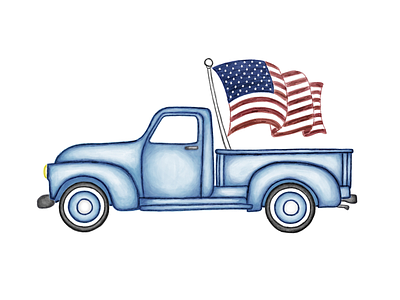 Blue Truck American Flag america american flag blue farm truck blue truck digital illustration farm truck flag in bed of truck fourth of july red white and blue stars and stripes