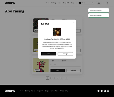 Transaction confirmed bayc clean crypto desktop drop drops eth interface manage manager modal monkey nft nfts pair pairing ui ux
