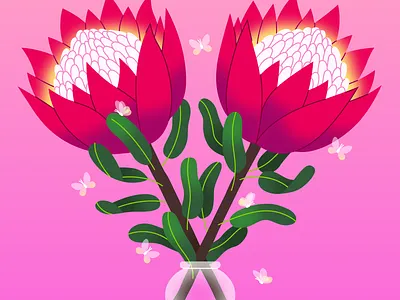 Protea 💖 2d art collaboration blossom bouquet butterfly collaboration flower illustration illustrator minimal plant poster protea vase vector