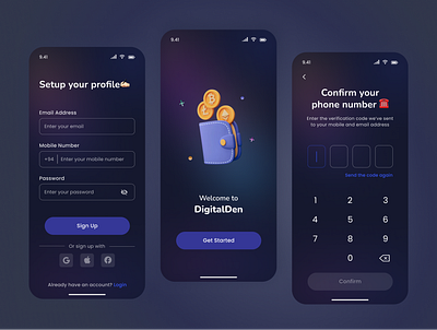 Crypto Wallet App - Sign up/ Login app design cool create account crypto crypto wallet dark ui design get started login minimal mobile ui modern profile signin signup splash screen ui user interface