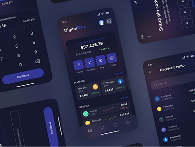 Crypto Wallet app design assets bitcoin buy cool crypto crypto wallet dark ui dashboard design ethereum exchange minimal mobile ui modern receive send ui user interface wallet